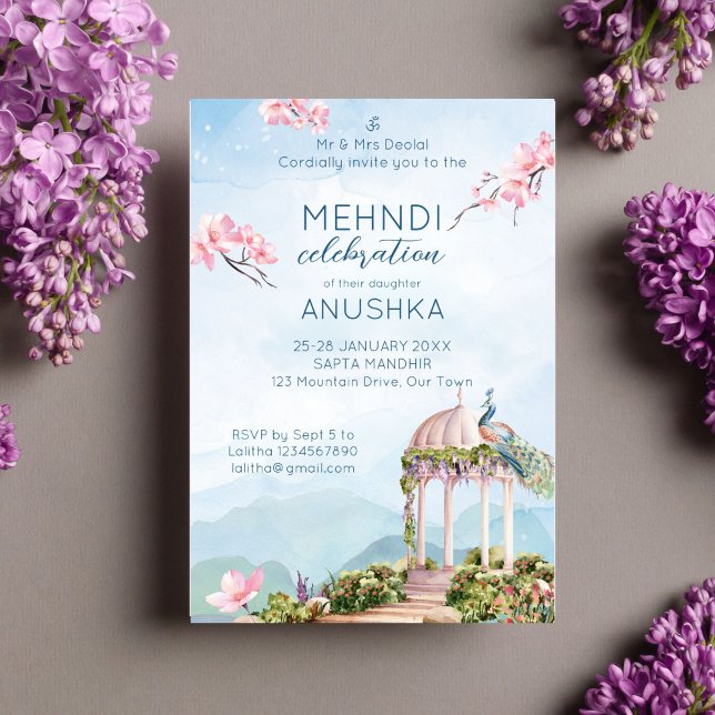 Convites Mehndi Indian Wedock Pavão Dourado (Mehndi Indian wedding template invitation instant digital download peacock dusty blue pink blooms)