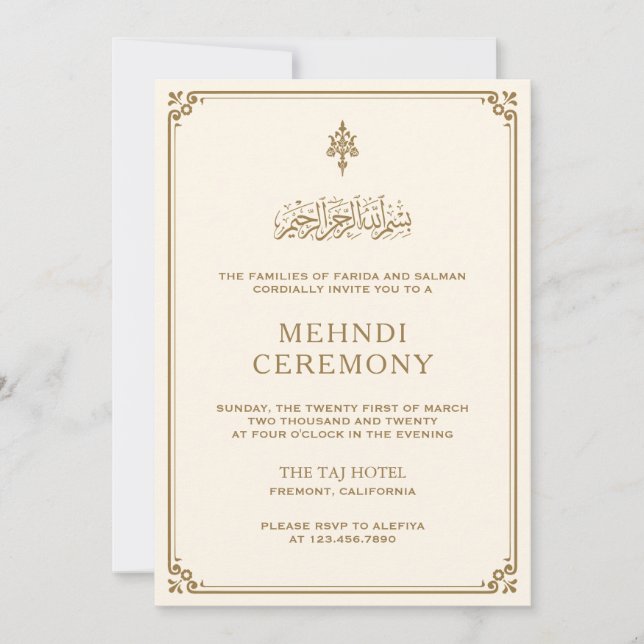 Convites Mehndi Islâmica Tradicional Borda Dourada Creme (Frente)
