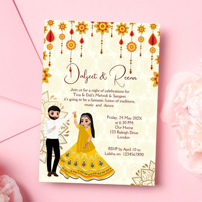 Convites Mehndi sangeet convida a dançar um casal indiano g (Mehndi and sangeet invitation editable template digital  dancing cute Indian couple caricature )