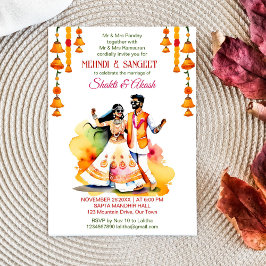 Convites Mehndi Sangeet dançando casal de noiva indiana mod