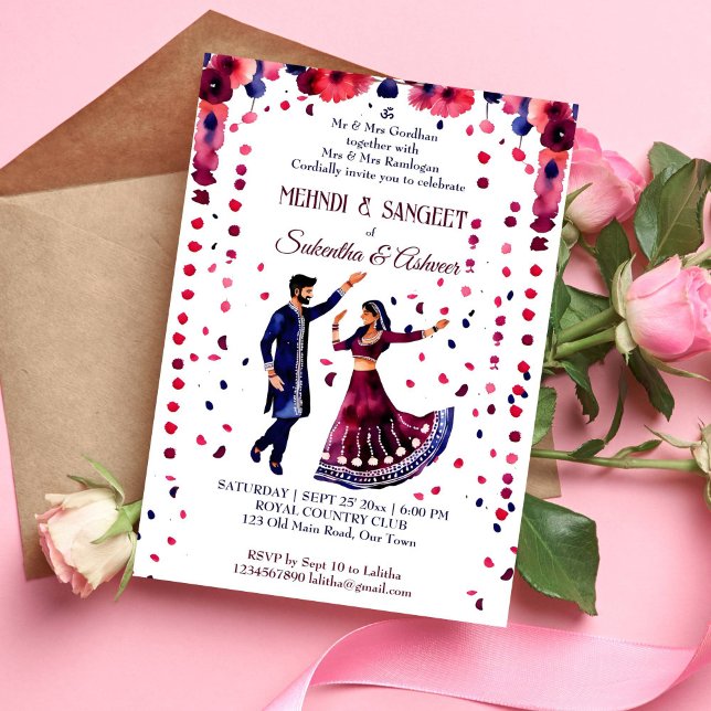Convites Mehndi Sangeet Índia casamento moderna (Mehndi and Sangeet Indian wedding dancing bridal couple template invitation instant download maroon)