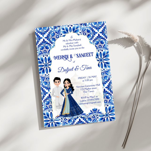 Convites Mehndi Sangeet Indiano Casado Azul (Mehndi and Sangeet Indian wedding blue and white cute bridal couple cartoon Invitation template)