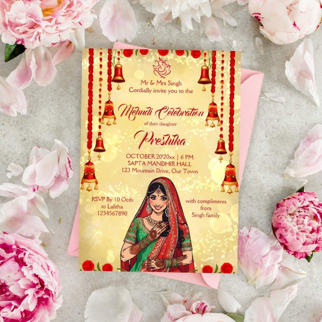 Convites Mehndi, vermelho de casamento indiano e ouro (Mehndi Indian wedding template invitation gold and red carnation bell garlands Indian bride cartoon)