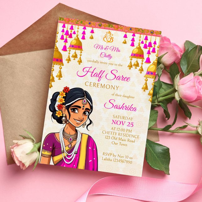 Convites Meia cerimônia de Saree, belos sinos de ouro de me (Half saree template invitation cute Indian girl in cerise and gold sari bells tassel garlands Ganesh)