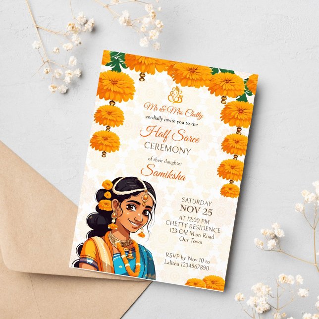 Convites Meia cerimônia de Saree, garota indiana bonitinha  (Half saree ceremony template invitation instant download cute Indian girl in traditional clothes)