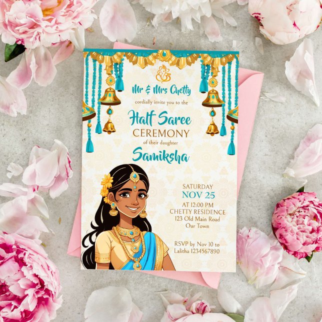 Convites Meia cerimônia de Saree, uma linda garota indiana, (Half saree ceremony template invitation cute Indian girl with sari cartoon blue gold bells decor)
