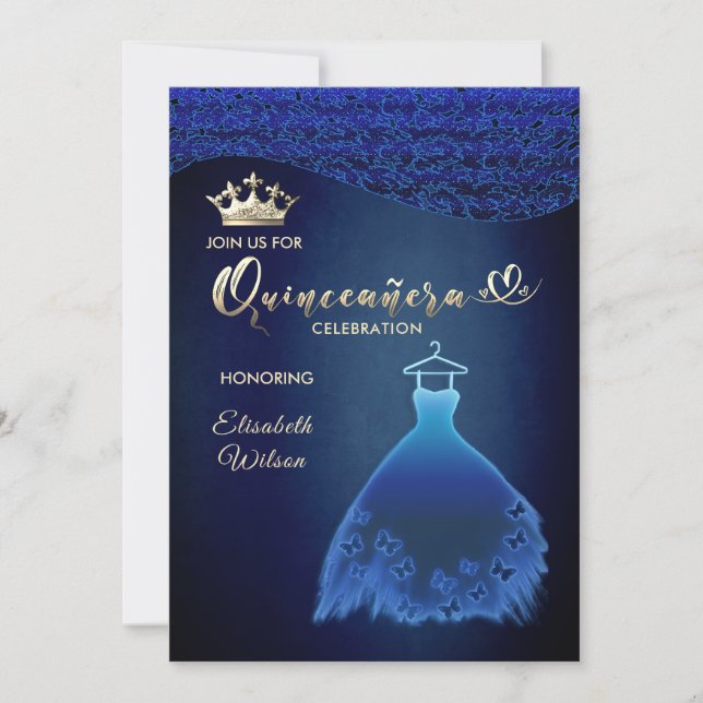 Convites Meia-noite, borboleta azul damask tiara Quince (Frente)