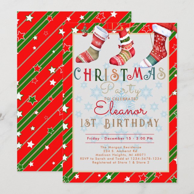Convites Meias de Natal Aniversário de 1 ano (Frente/Verso)