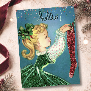 Convites Meias vermelhas de Natal vintage com brilho monogr