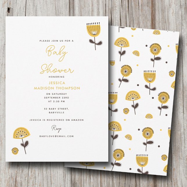 Convites Meio século Floral Amarelo Moderno (Mid Century Modern Yellow Floral Baby Shower Invitation)