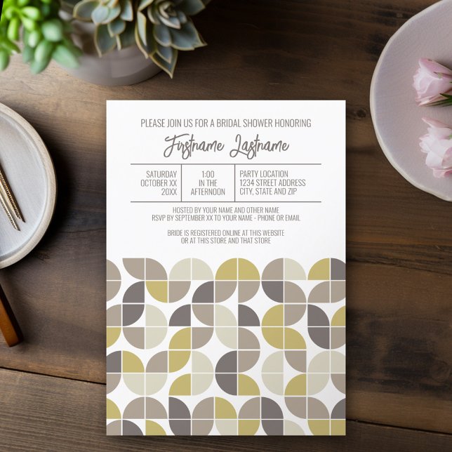 Convites Meio século Moderno Chá de panela Cinza Dourado (Mod, Modern Bridal Shower Invitation - Retro Half Moon Pattern Design)