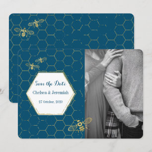 Convites Mel Bee Teal Foto personalizada Dourada Salvar a D