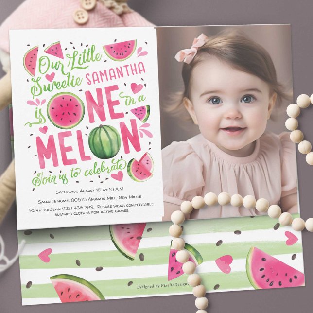 Convites Melancia Rosa Adorável, primeiro aniversario de Ve (Summer Cute Pink Watercolor One In a Melon, Watercolor Themed Girl 1st Birthday Photo Invitation. )