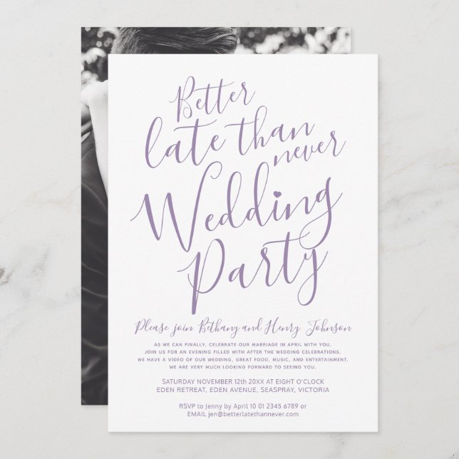 Convites Melhor tarde do que nunca festa de casamento roxo (Frente/Verso)