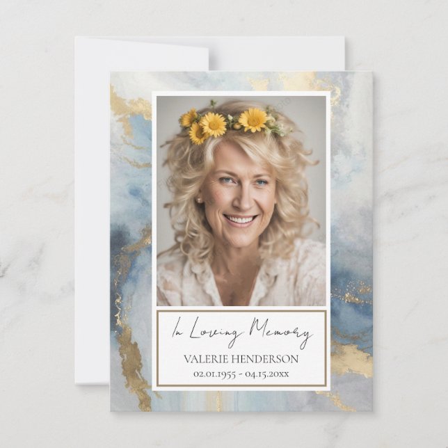 Convites Memorial Blue e Dourado Funeral Fotográfico Keepsa (Frente)