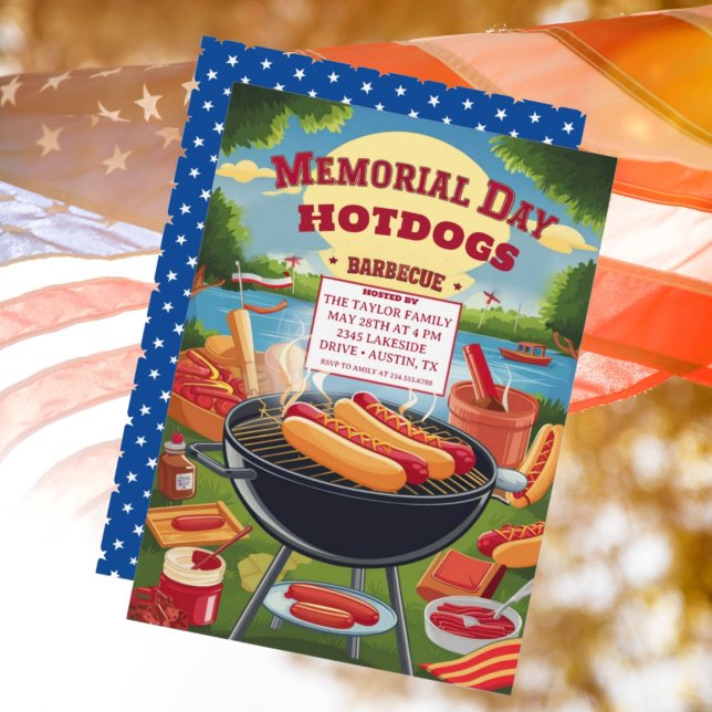 Convites Memorial Day Hot Dogs Festa Barbeque (Criador carregado)