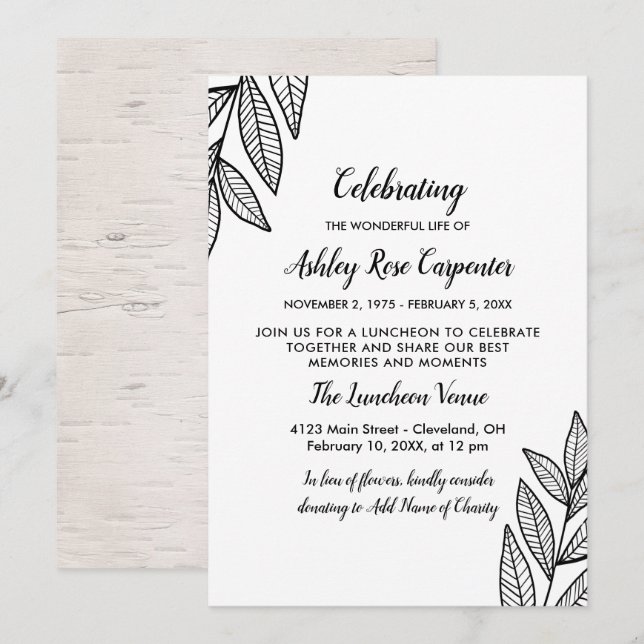 Convites Memorial de Folhas e Caligrafia (Frente/Verso)