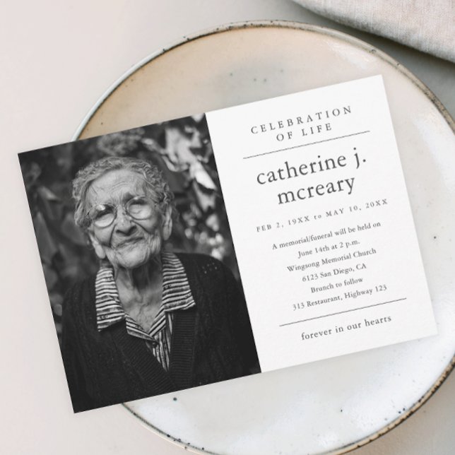 Convites Memorial de Funeral com Foto e Tipografia Simples (Simple typography photo memorial celebration of life invitation.)