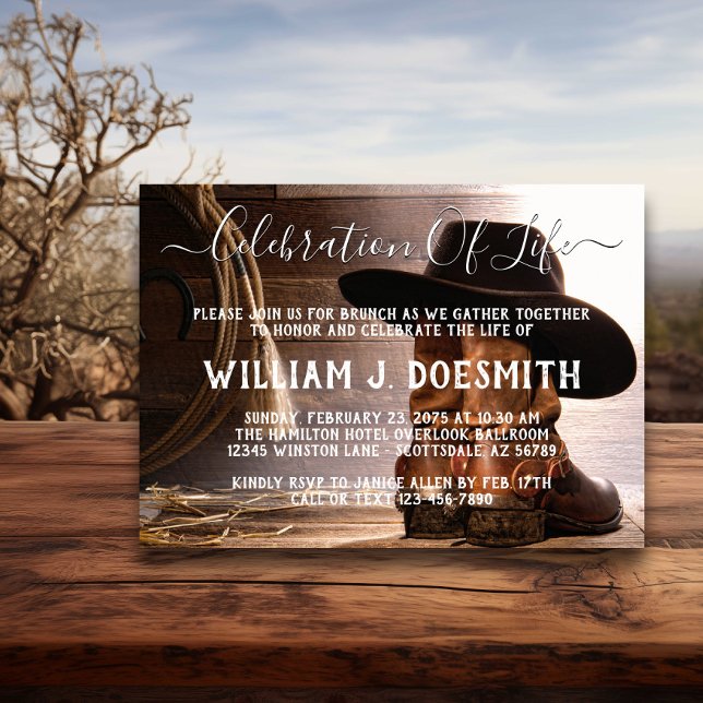 Convites Memorial do Funeral do Hemiciclo (Cowboy hat and boots memorial and funeral announcement. Simply add your event details.)