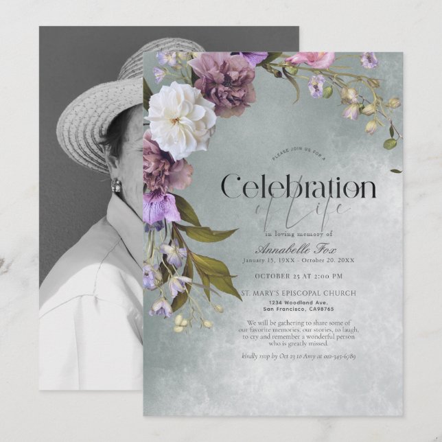 Convites Memorial do Funeral Floral Verde Elegante (Frente/Verso)