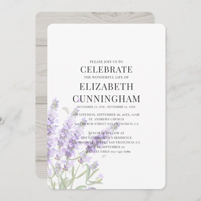 Convites Memorial Floral de Lavanda Roxa (Frente/Verso)