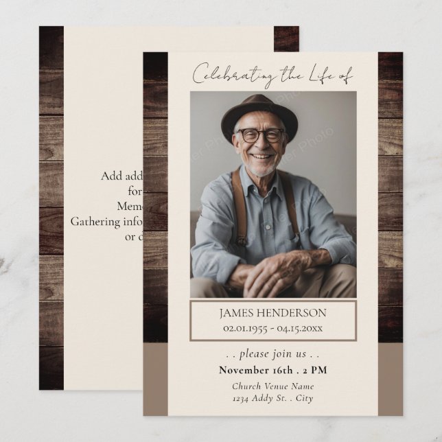 Convites Memorial Floral Rusitc Wood Foto Funeral (Frente/Verso)