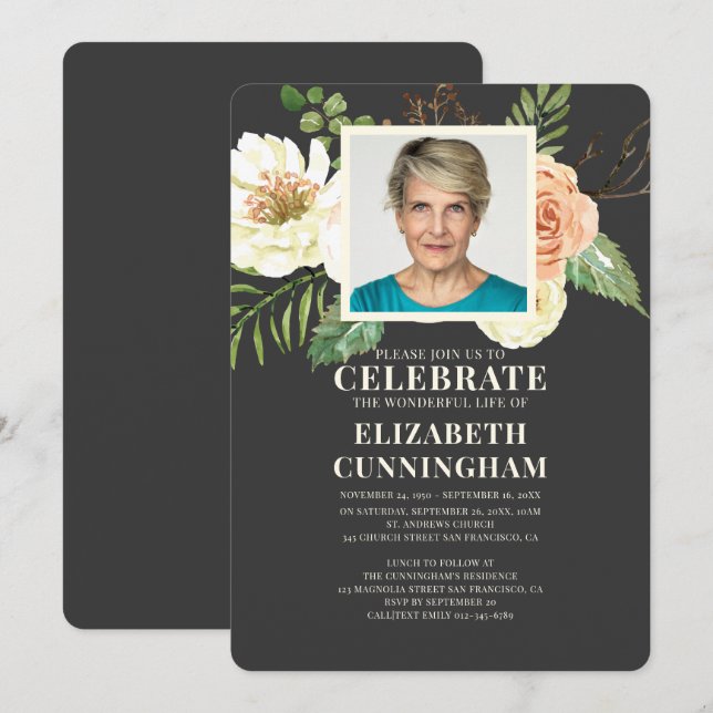 Convites Memorial Fotográfico do Modern Watercolor Florals (Frente/Verso)