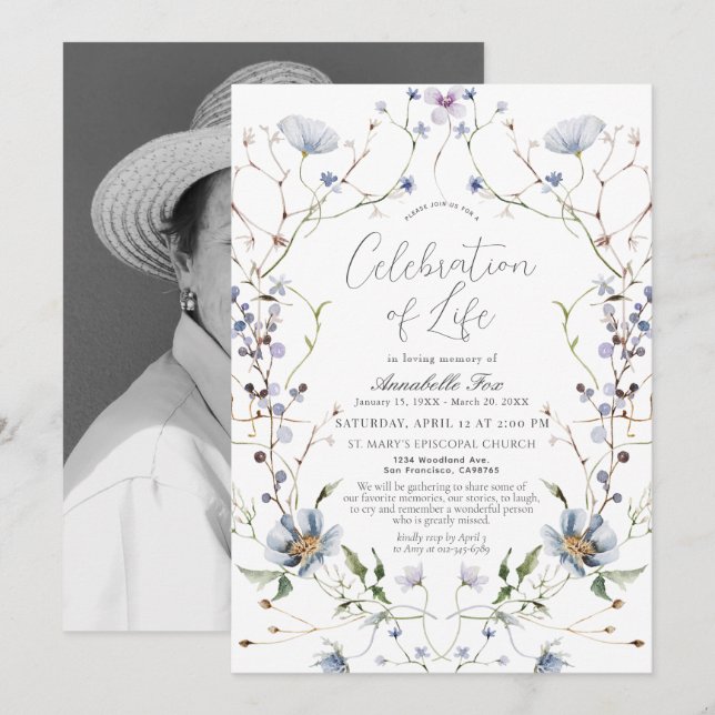 Convites Memorial Funeral Blue Wildflower (Frente/Verso)