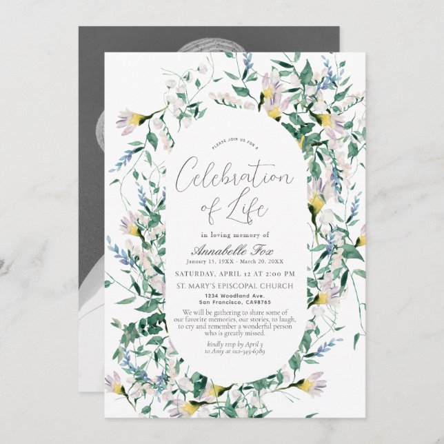 Convites Memorial Funeral de Wildflower Greenery (Frente/Verso)