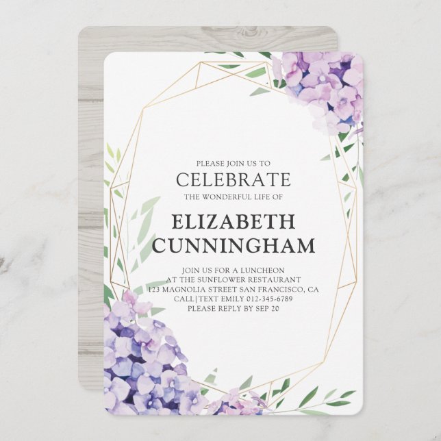 Convites Memorial Funeral Hydrangea Lilac (Frente/Verso)