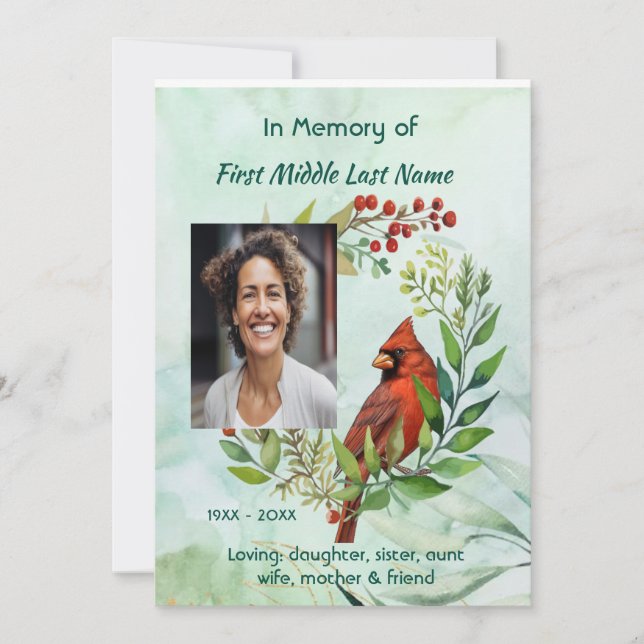 Convites Memorial keepsake Cardinal Bird (Frente)