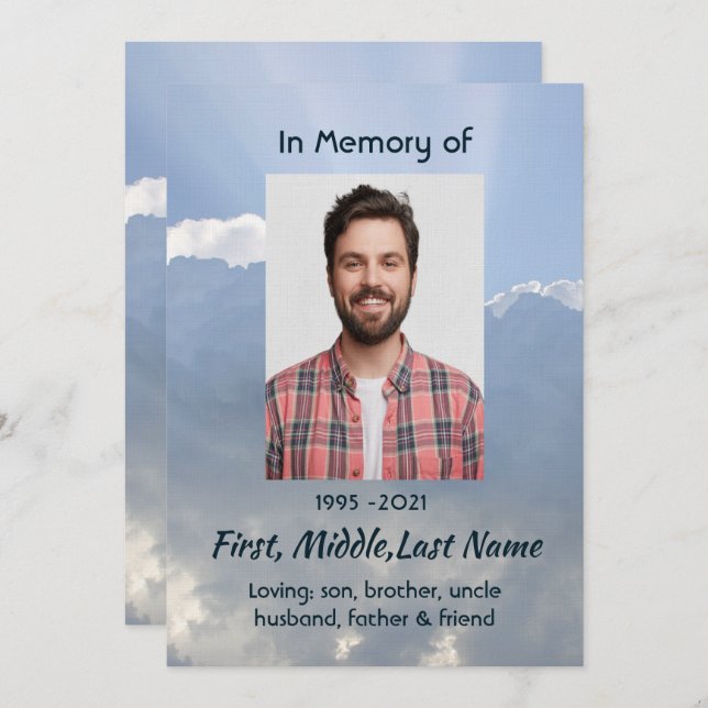 Convites Memorial Photo Prayer Heavenly Sky (Frente/Verso)