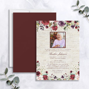 Convites Memorial Rustic Burgundy Watercolor Floral Birch