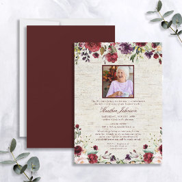 Convites Memorial Rustic Burgundy Watercolor Floral Birch