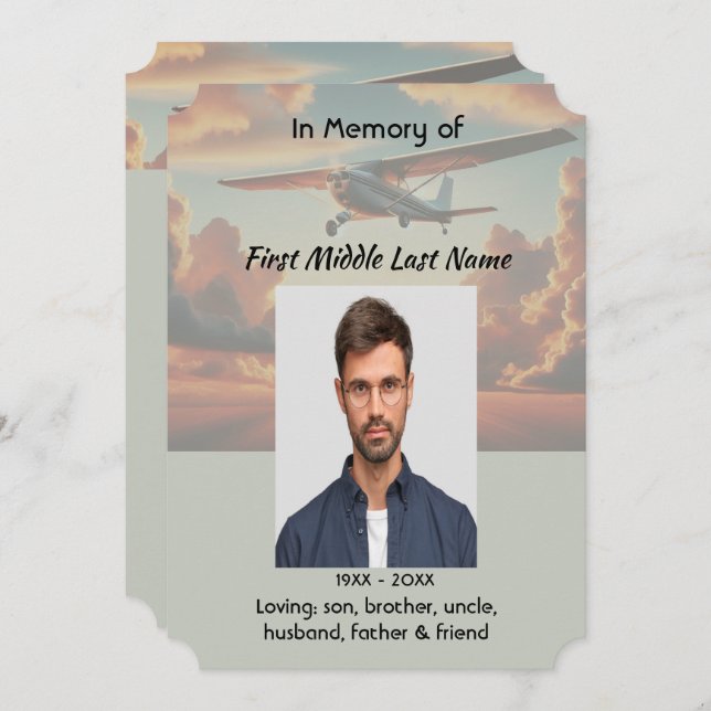 Convites Memorial Service Pilot Airplane Flying Sunset (Frente/Verso)