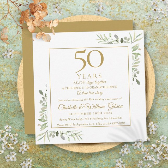 Convites Memórias do 50º Aniversário de Casamento Greenery  (50th Wedding Anniversary Memories Greenery Square Invitation)
