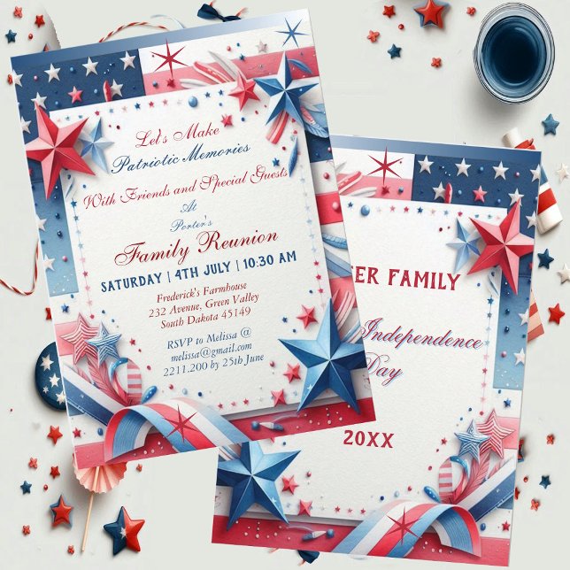 Convites Memórias Patrióticas União Familiar Estrelas e Str (Patriotic Memories Family Union Stars and Stripes Invitation)
