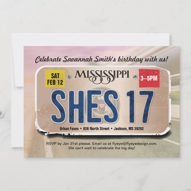 Convites Menina 17º Aniversário Licença do Mississippi (Frente)