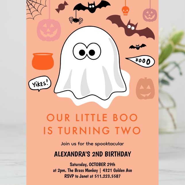 Convites Menina Abóbora Laranja Fantasma Aniversário de 2 a (Halloween-2nd-birthday-Invitation-ghost-girl-orange-1)