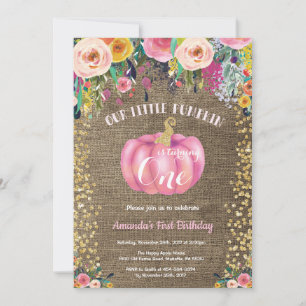 Convites Menina Abóbora Primeiro Aniversário Floral Dourado