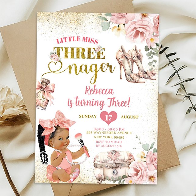Convites Menina Africana Little Miss Threenager Terceiro An (Criador carregado)