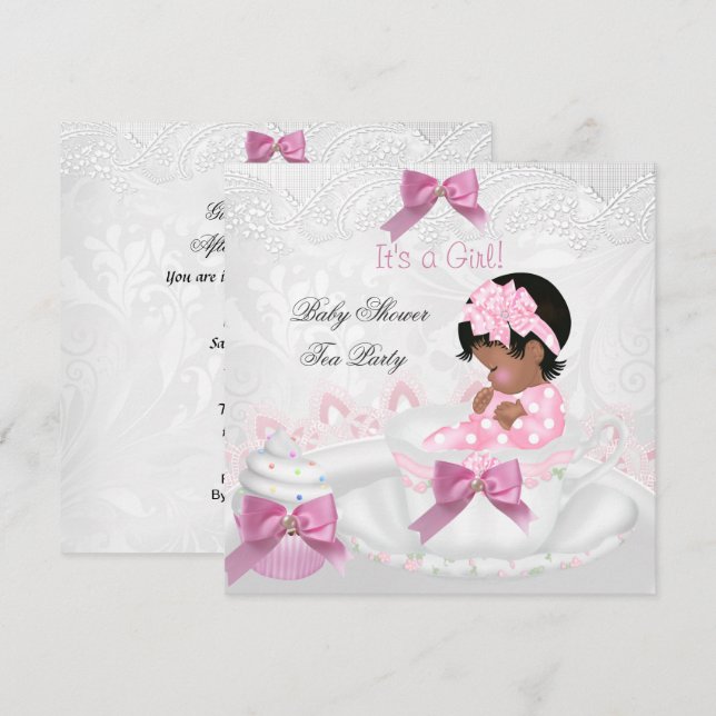 Convites Menina Afro-Americana Churrasco de Bebê Rosa Bebê  (Frente/Verso)
