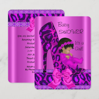 Convites Menina Afro-Americana Churrasco de Bebê Rosa Leopa