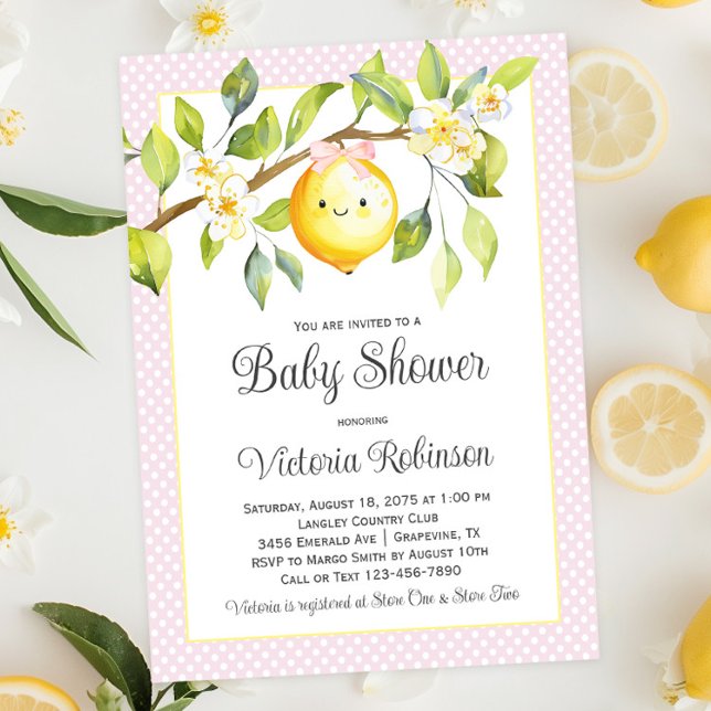 Convites Menina Amarela Rosa Bebê Chá de Revelação (Cute pink and yellow baby girl lemon baby shower invitation. Simply add your event details.)