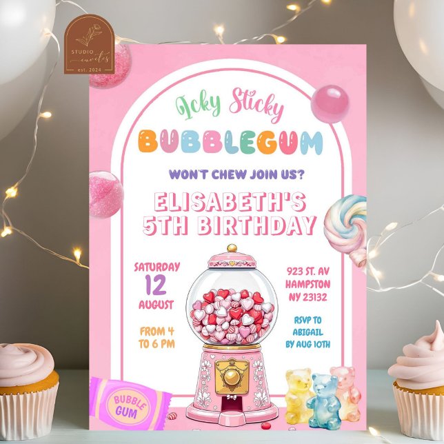 Convites Menina Aniversariante de Bala de Bubblegum Rosa (Criador carregado)