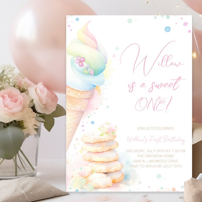Convites Menina Aquarela Doces Doce Um Primeiro Aniversário (Pretty pastel sweet one first birthday invitation. Simply add your event details.)