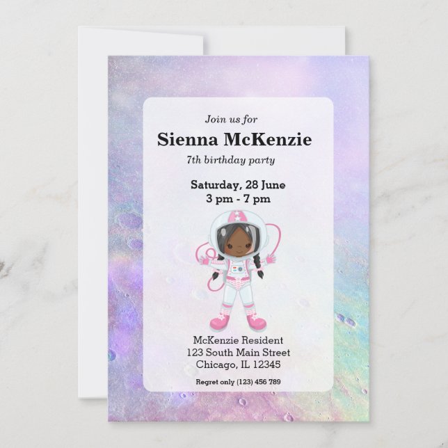 Convites Menina astronauta Espaço Sideral (Frente)