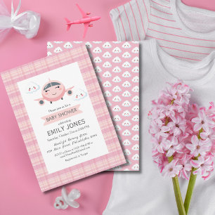 Convites Menina Avião Nuvens Fofo Chuveiro de Bebê Rosa Cin