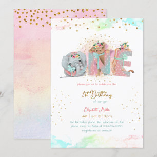 Convites Menina Azul Dourada Rosa Rosa Primeiro Aniversário