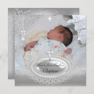 Convites Menina Baptism Menina Criando Pearl Silver